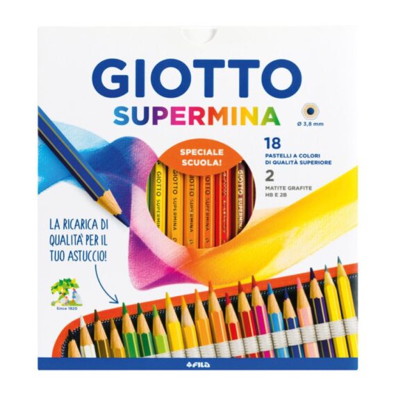 COLORI GIOTTO - SUPERMINA - 18 PASTELLI  + 2 MATITE GRAFITE HB E 2B