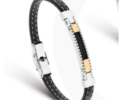 BRACCIALE IN ACCIAIO E PELLE - NERO